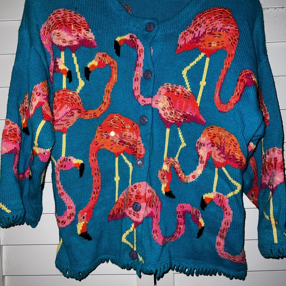 Flamingo Patterned Turquoise Blue Teal Cardigan Sweater